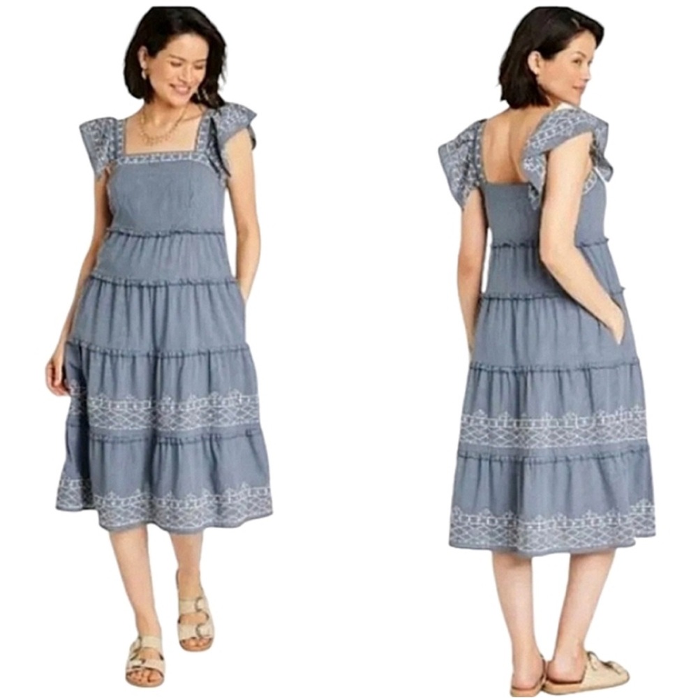 Knox Rose Blue Tiered Embroidered Midi Dress